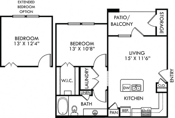 Sedona. 1 bedroom apartment. Kitchen with island open to living room. 1 full bathroom. Walk-in closet. Patio/balcony.
