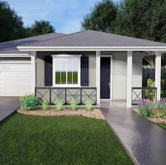 A house with a grey roof and a black door.