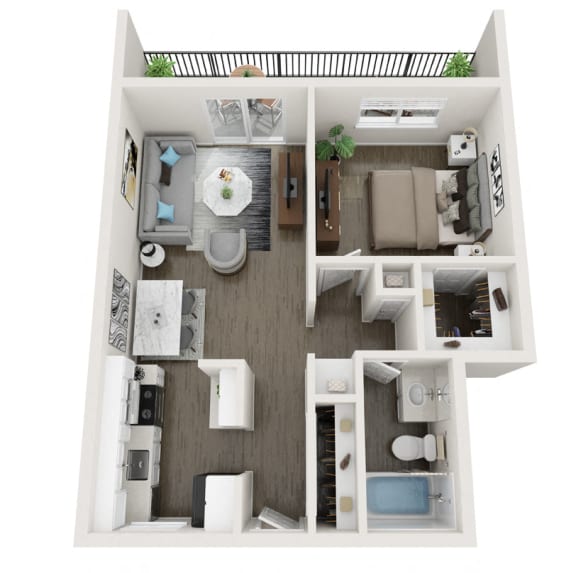 One bedroom apartment floor plan virtually staged.at Ella 1711, Woodland, 95695