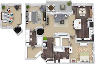 Cary Loft 3D. 2 bedroom apartment. Stairs to loft. Kitchen with island open to living/dinning rooms. 2 full bathrooms, double vanity in master. Walk-in closets. Patio/balcony.