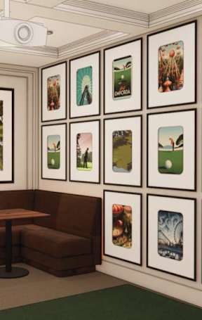A room with a brown couch and a wall of framed pictures.