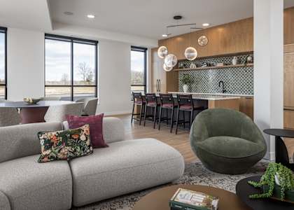 A modern living room with a grey sofa and a green armchair.