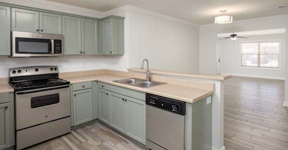 A kitchen with a stove, microwave, and dishwasher.