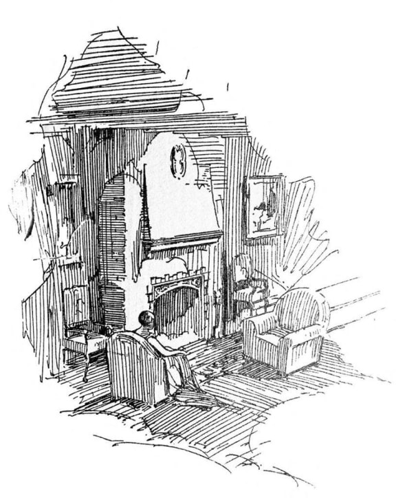 a drawing of a living room with a chair and a fireplace