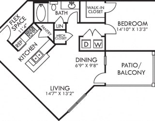 Dawson II. 1 bedroom apartment. Kitchen with bartop open to living/dinning rooms. 1 full bathroom. Walk-in closet. Patio/balcony.