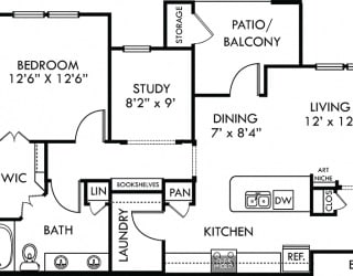 Guadalupe. 1 bedroom apartment with study room. Kitchen with island open to living/dinning rooms. 1 full bathroom with double vanity. Walk-in closet. Patio/balcony.