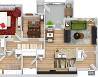 Guadalupe 3D. 1 bedroom apartment with study room. Kitchen with island open to living/dinning rooms. 1 full bathroom with double vanity. Walk-in closet. Patio/balcony.