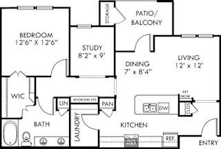 Guadalupe. 1 bedroom apartment with study room. Kitchen with island open to living/dinning rooms. 1 full bathroom with double vanity. Walk-in closet. Patio/balcony.