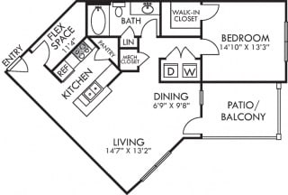 Dawson II. 1 bedroom apartment. Kitchen with bartop open to living/dinning rooms. 1 full bathroom. Walk-in closet. Patio/balcony.