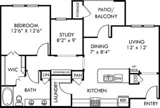 Guadalupe. 1 bedroom apartment with study room. Kitchen with island open to living/dinning rooms. 1 full bathroom with double vanity. Walk-in closet. Patio/balcony.