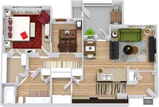 Guadalupe 3D. 1 bedroom apartment with study room. Kitchen with island open to living/dinning rooms. 1 full bathroom with double vanity. Walk-in closet. Patio/balcony.