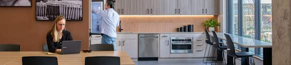 A woman is working on her laptop in a modern kitchen.