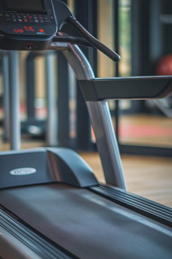 A treadmill with a black seat and grey handlebars.