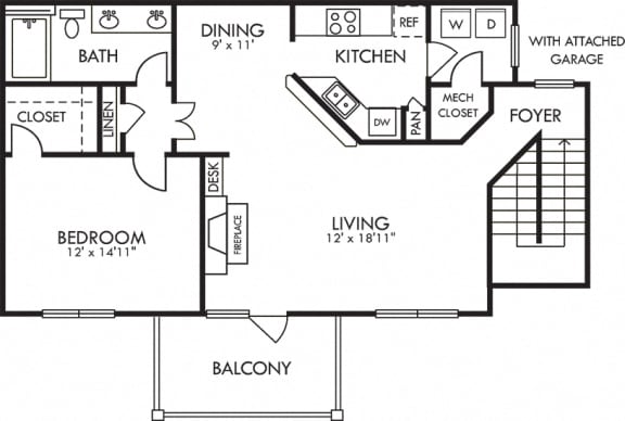 Seabrook + Attached Garage. 1 bedroom apartment. 1st floor entry. Kitchen with bartop open to living & dinning rooms. 1 full bathroom, double vanity. Walk-in closet. Patio/balcony. Optional Fireplace.