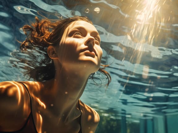 a woman swimming in the water with her head submerged in the sun