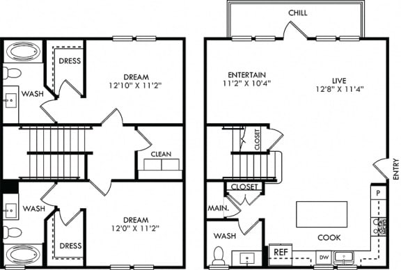 The Shawnee. 2 bedroom townhome. Kitchen with island open to living/dining rooms. 2 full bathrooms + powder room. Walk-in closets. Patio/balcony.