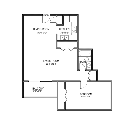 One Bedroom 800 Sq.Ft. Floor Plan at Walnut Crossings, Monroeville