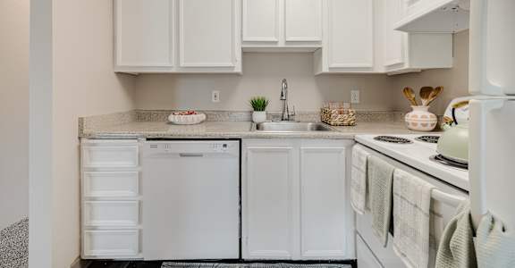 A white kitchen with a sink, dishwasher, and oven.