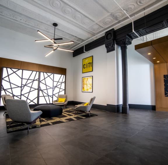 Elegantly designed lobby at Janus Lofts, Managed by Buckingham Urban Living, IN, 46225