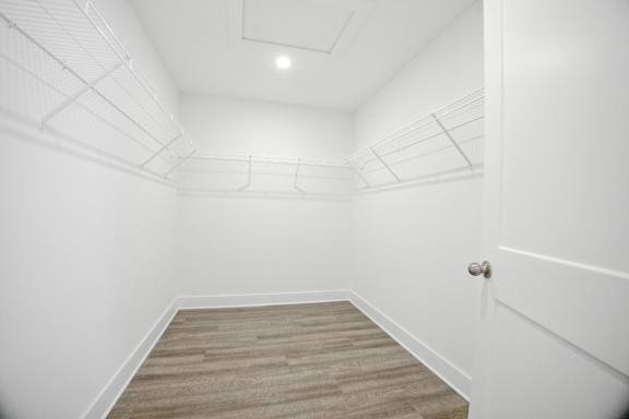 A room with white walls and a wooden floor leading to a door.
