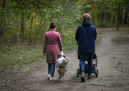A man in a blue jacket is pushing a stroller while walking with a woman and a dog on a dirt path.