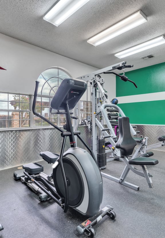 gym with exercise equipment and green wall and window at the enclave at woodbridge apartments