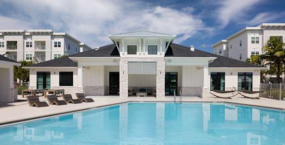 A palm tree stands in front of a pool at a resort.