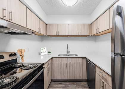 A kitchen with a stove, sink, and refrigerator.