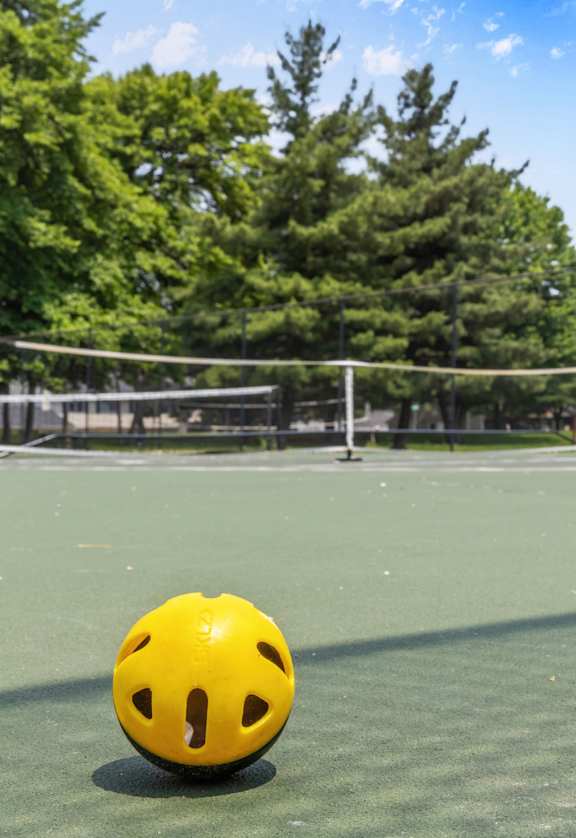 A yellow ball sits on a green surface.