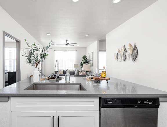 A modern kitchen with a stainless steel dishwasher and a large island. at Upland Flats, Colorado Springs