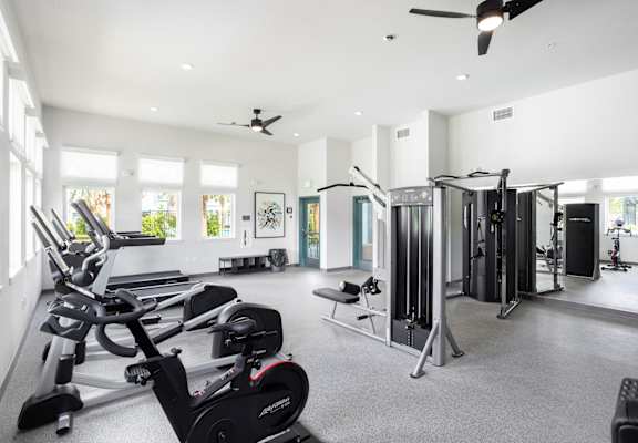 A spacious gym with a variety of equipment including treadmills, elliptical machines, and a weight room.