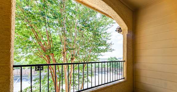 the balcony has a view of the trees and the river