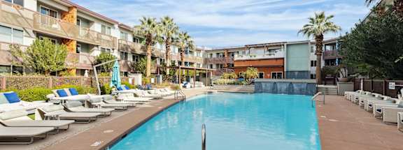 A large swimming pool surrounded by sun loungers and palm trees.