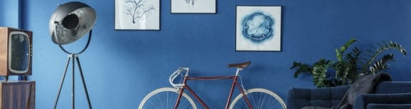 a bike hanging on a wall in a living room