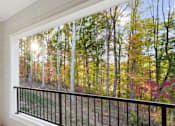 Thumbnail 16 of 41 - A balcony with a black railing overlooks a forest at Vintage Raleigh West Apartments, Raleigh, NC