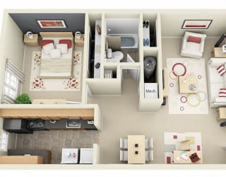 The Willow 3D. 1 bedroom apartment. Kitchen. living/dinning rooms. 1 full bathroom. closet.