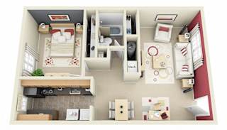 The Willow 3D. 1 bedroom apartment. Kitchen. living/dinning rooms. 1 full bathroom. closet.