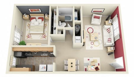 The Willow 3D. 1 bedroom apartment. Kitchen. living/dinning rooms. 1 full bathroom. closet.
