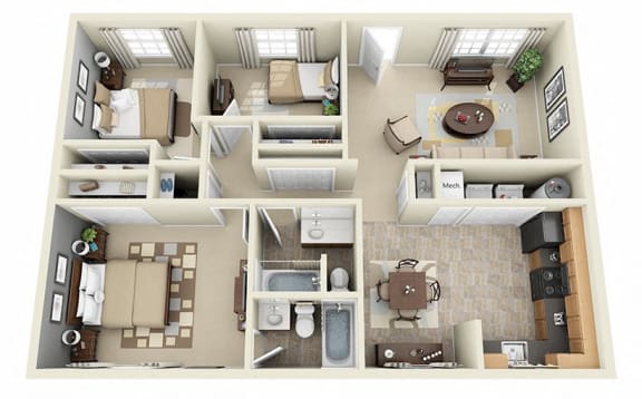 The Cedar 3D. 3 bedroom apartment. Kitchen open to living/dinning room. 2 full bathroom. large closets.