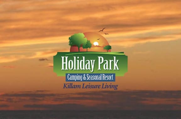 A logo for Cedardale Camping & Seasonal Resort is displayed on a beach.