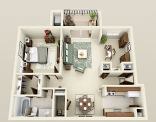 One Bedroom Apartment 850 Sq.Ft. Floor Plan at Three Oaks Apartments in Troy, Michigan