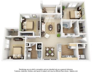 Sunny June. 3 bedroom apartment. Kitchen with bartop open to living/dinning rooms. 2 full bathroom, double vanity in master. Walk-in closets. Patio/balcony.