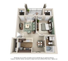 Abbington 3D. 1 bedroom apartment. Kitchen with bartop open to living/dinning rooms. 1 full bathroom. Walk-in closet. Patio/balcony. Extra storage closet.