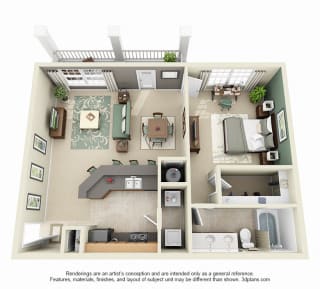 3D Dahlia 1 bedroom apartment. Kitchen with peninsula island. open to living-dining area. coat closet. in-unit laundry. full bath double vanity. walk-in-closet.