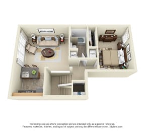 3D Sage 1 bedroom second story floorplan. Kitchen open to living room. full bath. hall and bedroom closet. in-unit laundry.