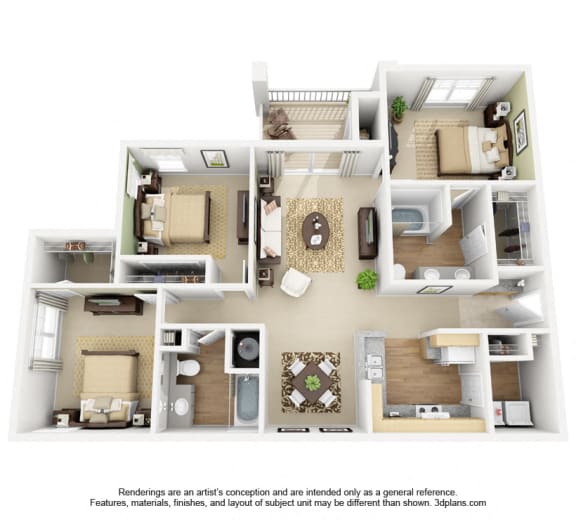 Sunny June. 3 bedroom apartment. Kitchen with bartop open to living/dinning rooms. 2 full bathroom, double vanity in master. Walk-in closets. Patio/balcony.