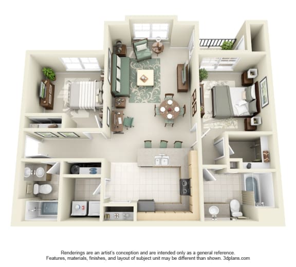 2 Bed 2 Bath 2x2 Floor Plan 1023 sq ft at Domaine at Villebois , Wilsonville, 97070
