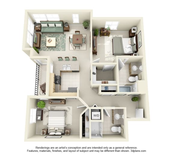 2 Bed 2 Bath 2x2 Floor Plan 992 sq ft at Domaine at Villebois , Wilsonville, Oregon