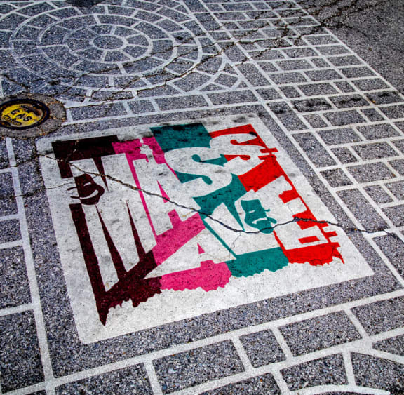 Mass Ave art on sidewalk at The Argyle on Mass Ave, IN, 46202