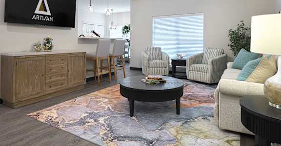 Modern Living room with ceiling fan and TV at Artisan, O’Fallon, IL